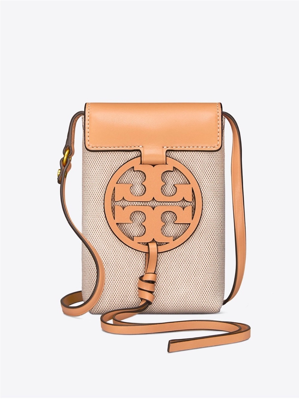 Tory Burch Beige Canvas and Tan Leather Logo Phone Crossbody